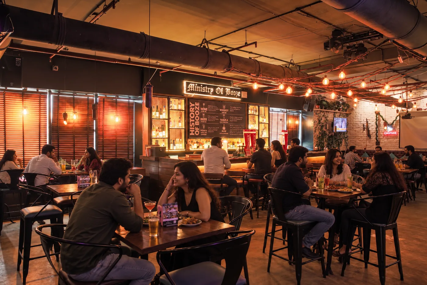 Bar and dining tables inside Ministry Of Booze pub in New Town, Kolkata